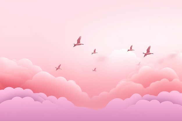 Birds flying in the sky with pink clouds and pink clouds