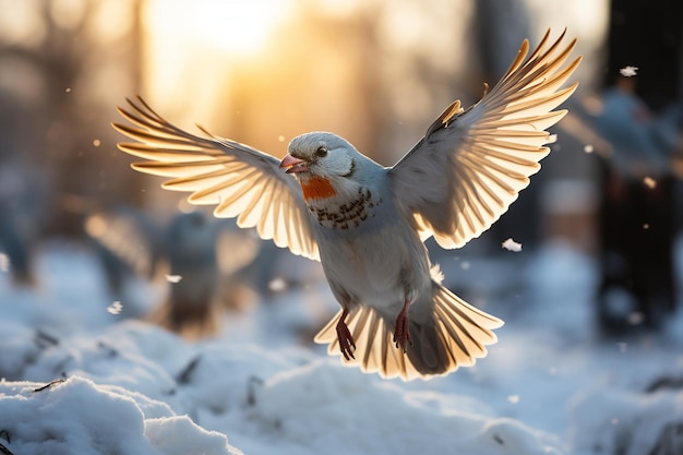 Photo birds flying over snow in search