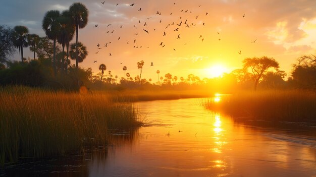 Birds flying at sunset in a palmdotted wetland