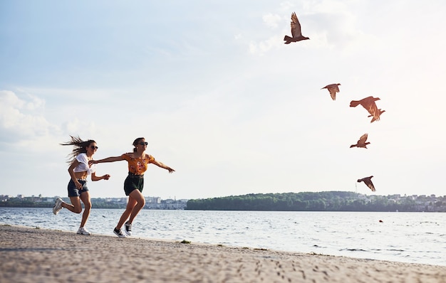 Birds flying up in the air. Two female friends runs and have fun at beach near the lake at sunny daytime.