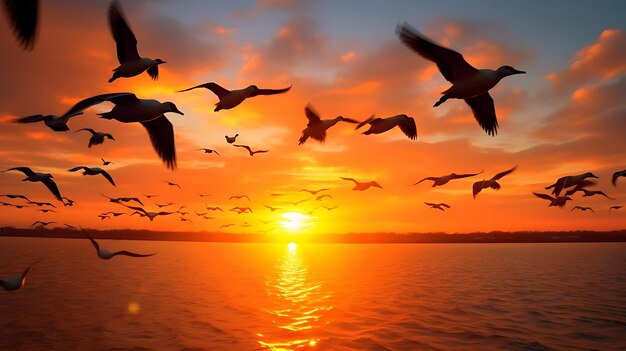 Birds flying over the water at sunset