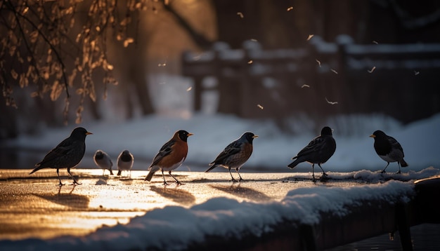 Photo birds on a ledge in the snow