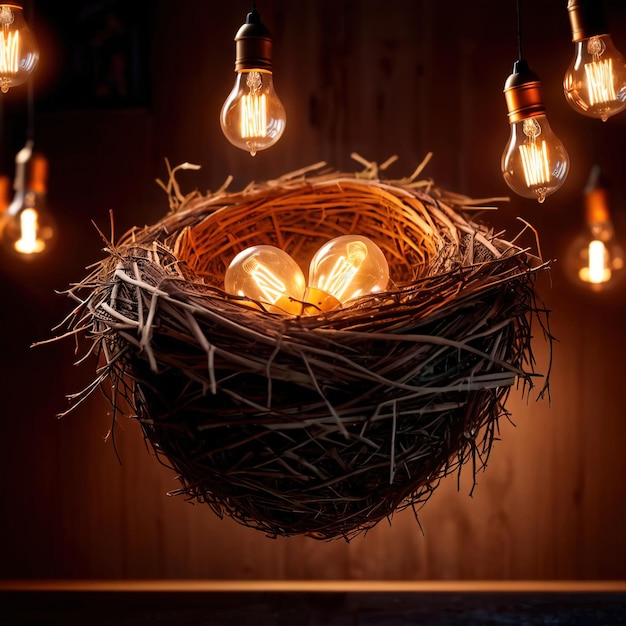 Birds nest nestegg of lightbulbs showing storage and protection of ideas and creativity