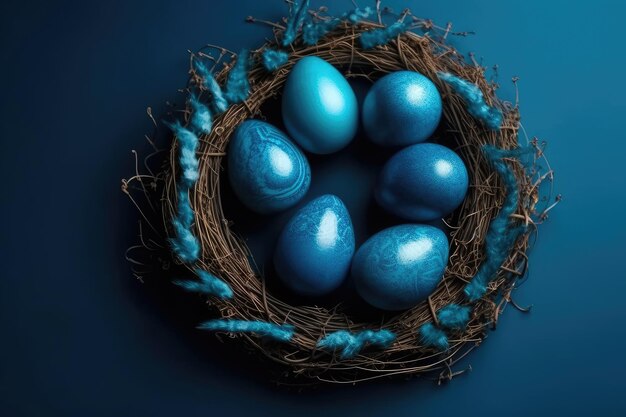 Birds nest with blue eggs on a soft blue background Generative AI