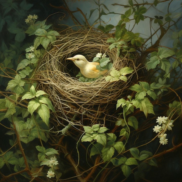 Photo a birds nest with leaves