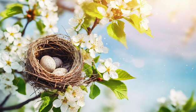 春 の 太陽 の 光 の 下 に  ⁇ い て いる 白い 花 の 中 に 巣立っ て いる 斑点 の 卵 を 持つ 鳥 の 巣