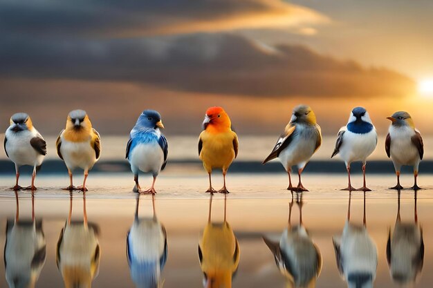 写真 背景に夕日が映っているビーチの鳥