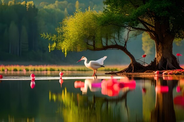 写真 枝の上の鳥は 自然の色とりどりの調和を発見します