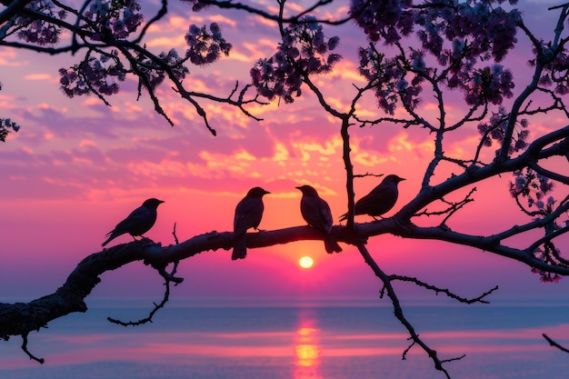 やかな海辺の夕暮れと紫色の色彩で枝に座っている鳥