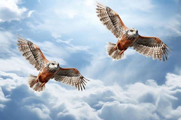 Birds of prey flying high in the sky