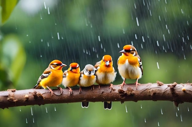 Birds in the rain, rain drops falling on a branch.