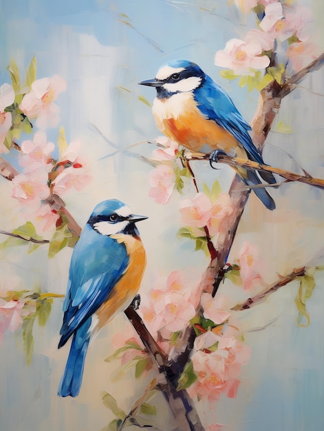 Birds sit on the branches of blooming spring trees Oil painting in impressionism style