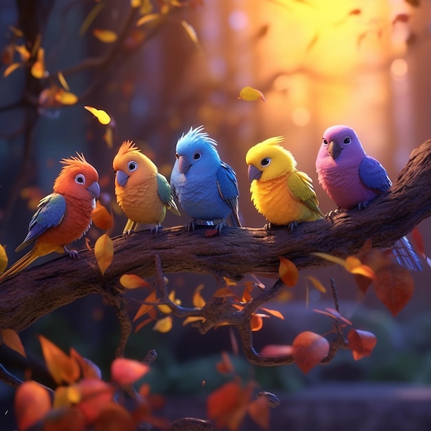 birds sitting on a branch with autumn leaves in the background.