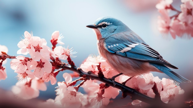 Birds sitting in a tree filled with cherry blossom flowers Generative AI