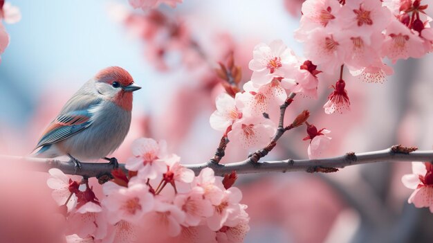 Birds sitting in a tree filled with cherry blossom flowers Generative AI