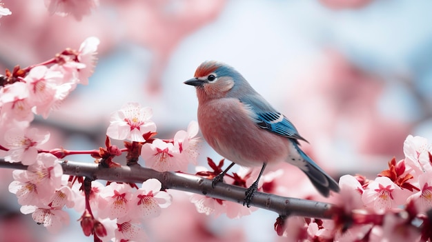 Birds sitting in a tree filled with cherry blossom flowers Generative AI