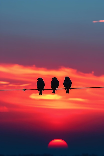Foto uccelli seduti su un filo come ombra di silhouette lanciata in una linea foto creativa di sfondo elegante