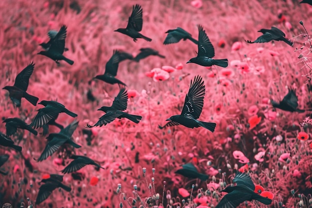 Птицы, летящие над полем мака в цвете, создают море красного
