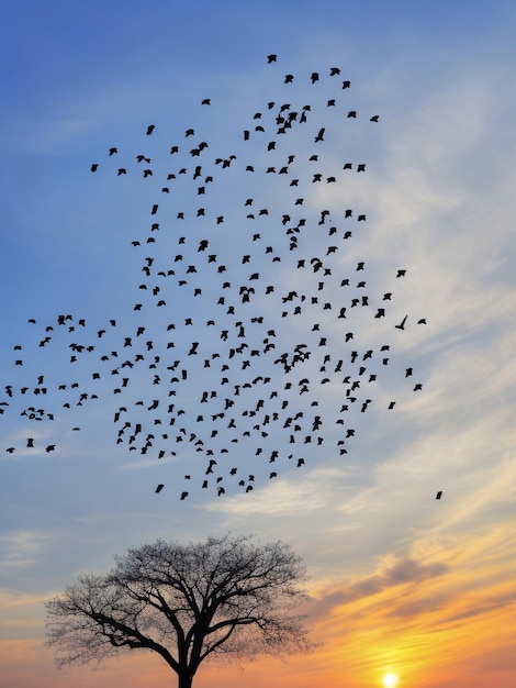 鳥 夕日 夕日 木 青い空