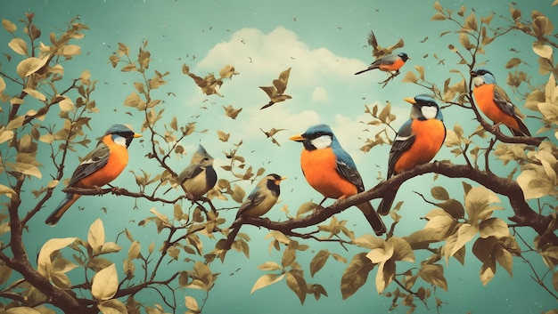 Birds in the tree and flying on retro style background vector illustration