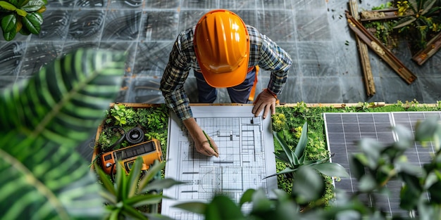 Birdseye view of designer working on solar panel and plans with solar photoelectric equipment and windmill on building site ecofriendly idea blank area for text and creation