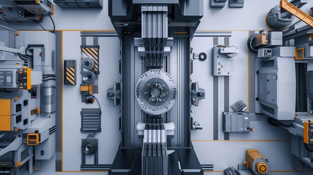 A birdseye view of a highprecision CNC machine tool focusing on its layout and components within an industrial workshop Detailed view of the tooling workbench and surrounding AI Generative