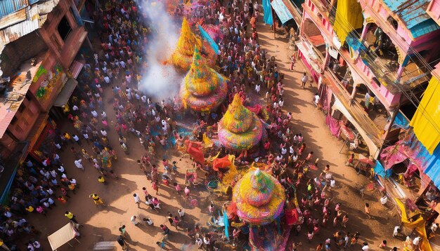 a birdseye view of a large crowd celebrating Holi