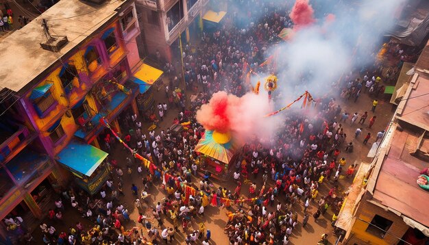 Photo a birdseye view of a large crowd celebrating holi