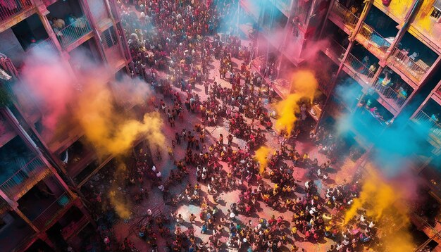 Photo a birdseye view of a large crowd celebrating holi