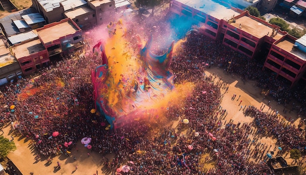 Photo a birdseye view of a large crowd celebrating holi