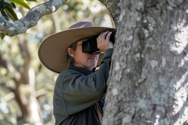 Birdwatcher with a widebrim hat using a tree hide for cover