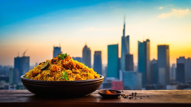 Photo biriyani on the table city skyline on the background generated by ai