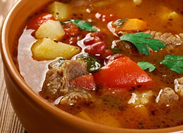 Birkagulyas Hungarian lamb soup or stew of meat and vegetables seasoned with paprika