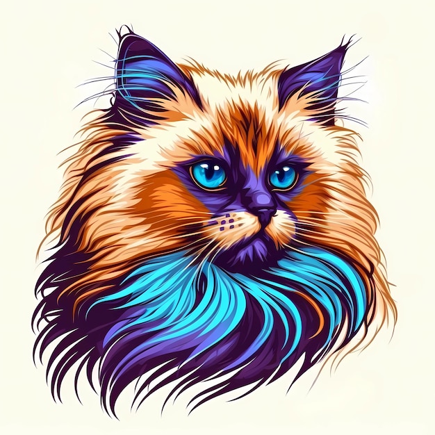 ビルマの猫の頭の肖像画 リアルなカラフルなオレンジ色 紫色 青色