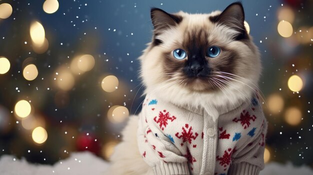 Premium Photo Birman cat wearing a Christmas sweater under a