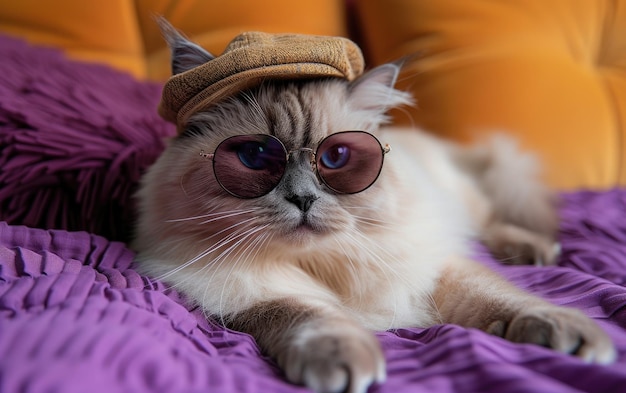 Birman cat with sunglasses and cap on a professional background