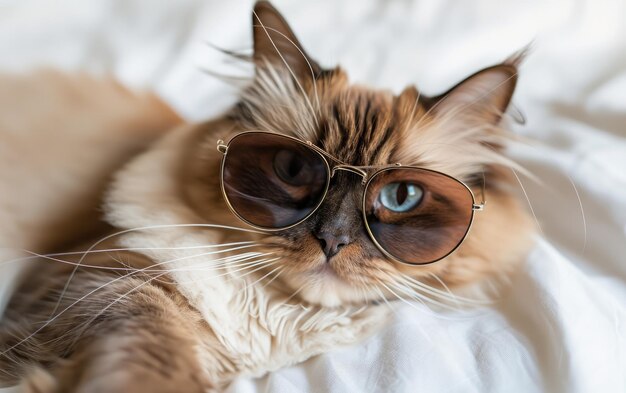 Birman cat with sunglasses on a professional background