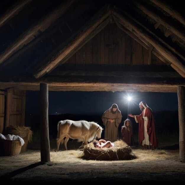 The Birth of Christ in a Nighttime Stable