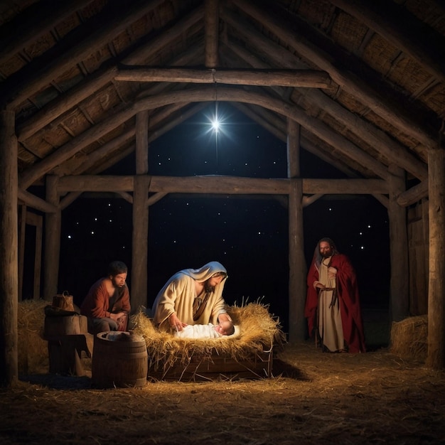 The Birth of Christ in a Nighttime Stable