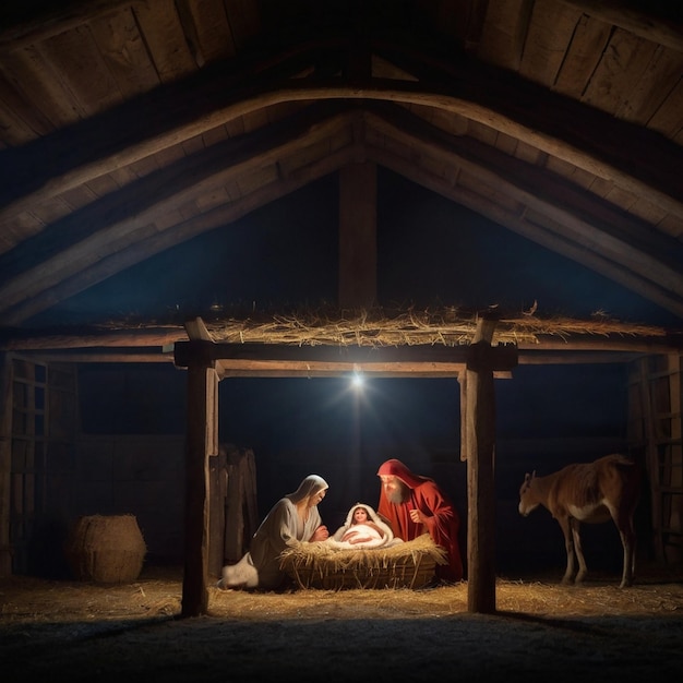 The Birth of Christ in a Nighttime Stable