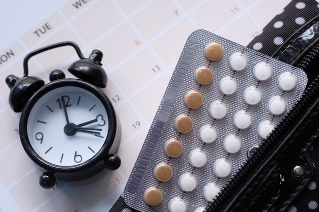 Birth control pills , clock and calendar, close up .