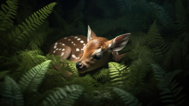 The birth of a fawn hidden in a bed of ferns