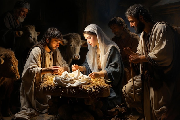 Birth of Jesus Christ in Bethlehem Mary and Joseph sitting next to the manger religion and faith