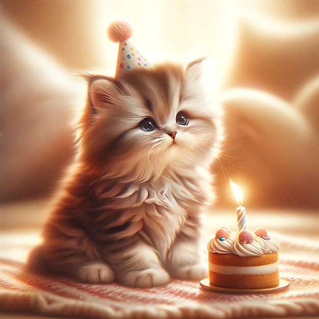 写真 パーティーの帽子と誕生日ケーキでスタイルを整えた小さな子猫が誕生日を祝っている