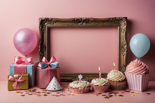 Photo birthday accessories frame on pink background