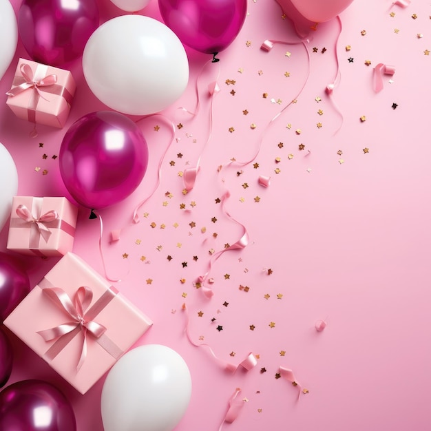 Birthday background flat lay Pink gift box balloons and confetti on the table