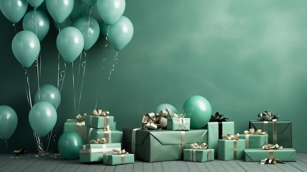 녹색 3D 선물과 풍선의 생일 배경 색조가 배열되어 있습니다.