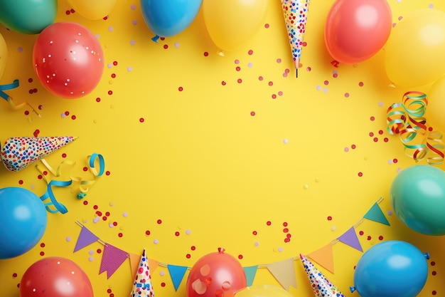 Birthday background top view Frame of balloons and various party decorations on a yellow background