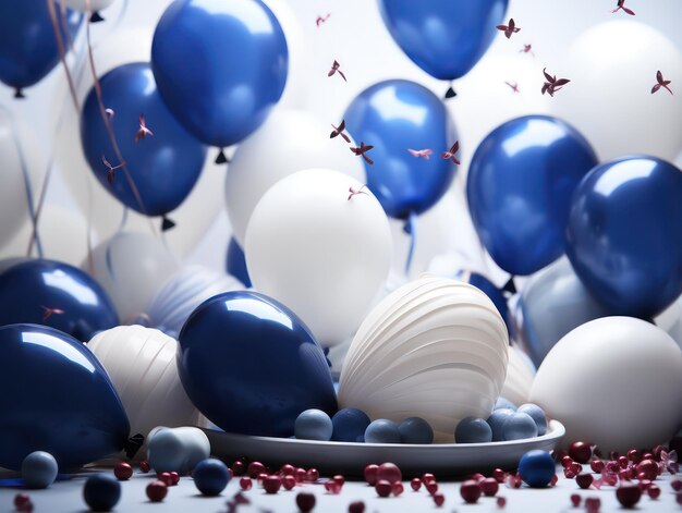 Photo birthday background with balloons and confetti blue and white