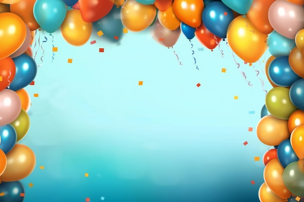 Birthday background with balloons confetti and garlands lots of empty copy space